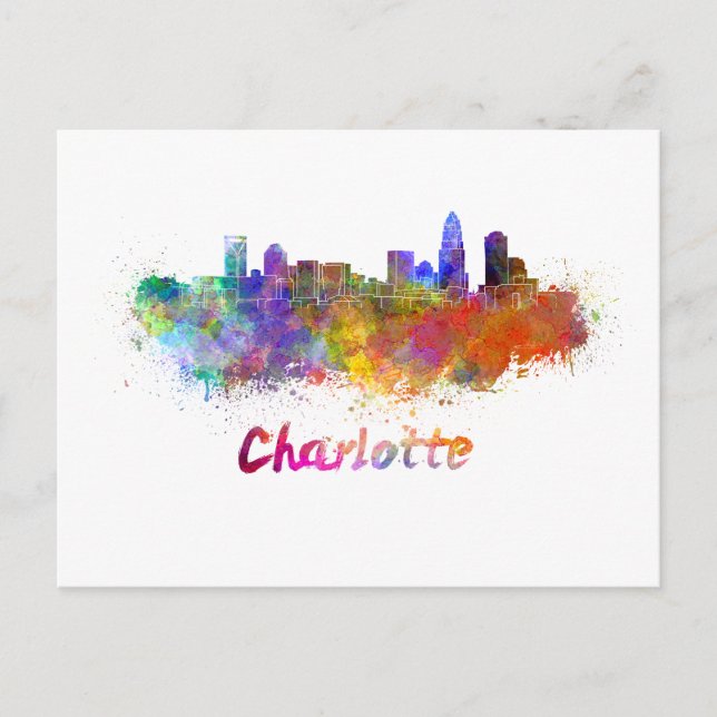 Cartão Postal Charlotte skyline in watercolor (Frente)