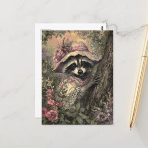 Cartão Postal Charming Raccoon em um Vestido e Bonnet