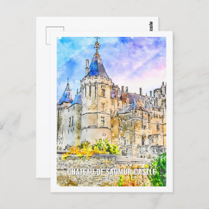 Cartão Postal Chateau de Saumur Castle Viagem Place Watercolor