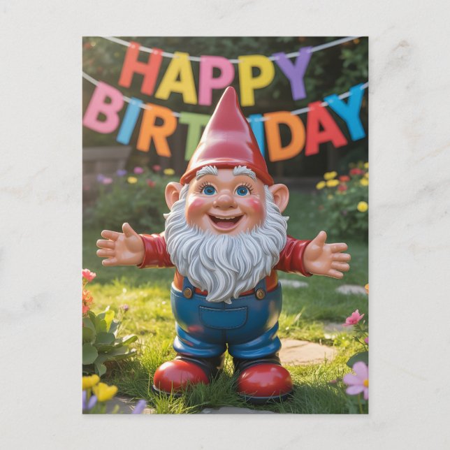 Cartão Postal Cheerful Garden Gnome with "Happy Birthday" Banner (Frente)