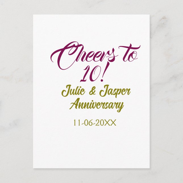 Cartão Postal Cheers to 10th wedding anniversary mauve golden na (Frente)