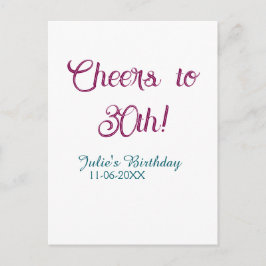 Cartão Postal Cheers to 30th birthday name date mauve blue elega