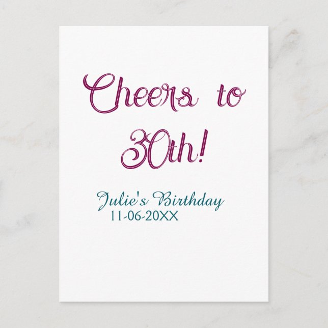 Cartão Postal Cheers to 30th birthday name date mauve blue elega (Frente)
