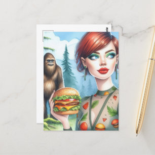 Cartão Postal Cheeseburger com sasquatch na Floresta