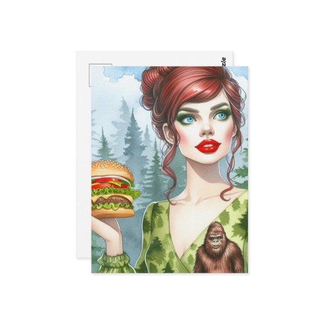 Cartão Postal Cheeseburger na Floresta em Busca de Sasquatch (Frente/Verso In Situ)