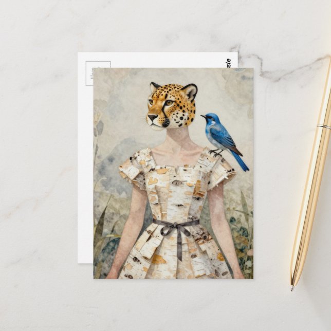Cartão Postal Cheetah Woman in a Birch Bark Dress Fashion  (Frente/Verso In Situ)