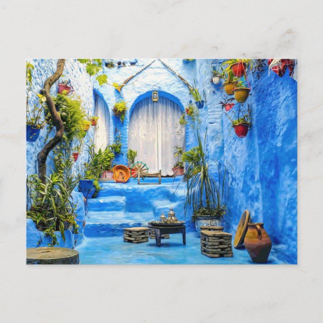Cartão Postal Chefchaouen Blue City Marrocos Oil Painting Boho (Frente)