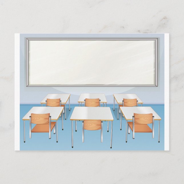 Cartão Postal Cheio de sala de aula de cadeiras e mesas (Frente)