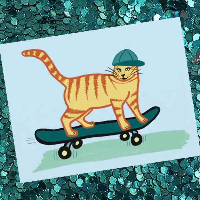 Cartão Postal Cheque Meowt! Tabuleiro de Skate Cat PERSONALIZAR  (Cute skateboarding cat custom postcard. Add your own text)