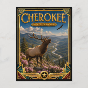 Cartão Postal Cherokee Carolina do Norte Arte Deco Dourada Vinta