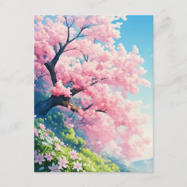 Cartão Postal Cherry Blossom Tree on Sunny Green Hillside (Frente)