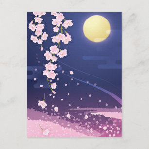 Cartão Postal Cherry Blossomo Asian Sakura com Céu Noturno