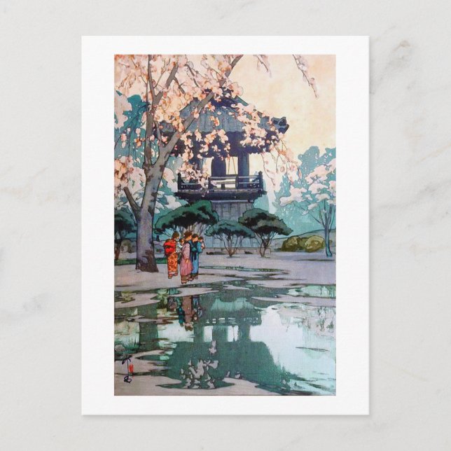 Cartão Postal Cherry Blossoms e Belfry, Hiroshi Yoshida (Frente)