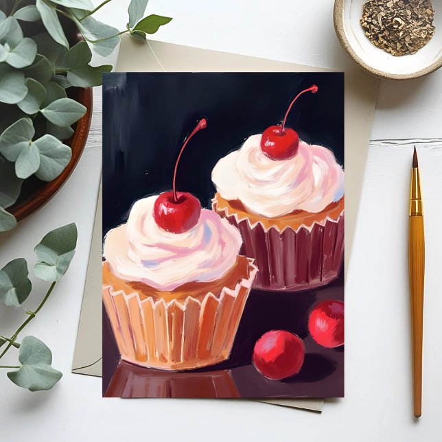 Cartão Postal Cherry Cupcakes | Celebration Watercolor Painting (Criador carregado)