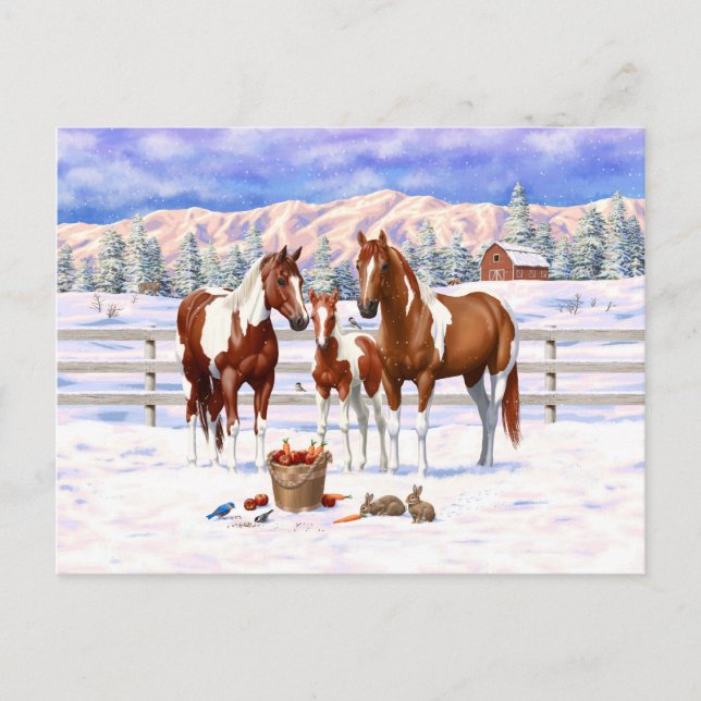 Cartão Postal Chestnut Pinto Sorrel Paint Quarter Hors Em Neve (Frente)