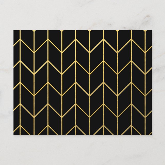 Cartão Postal Chevron Dourado em Chic Moderno de Fundo Preto (Frente)