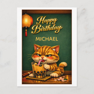 Cartão Postal Chibi Neko Gato Tigre Boba Chá de Bolhas Aniversár