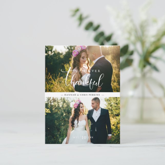 Cartão Postal Chic 2 Photos Bride & Groom Collage Hand Lettered (Em pé/Frente)