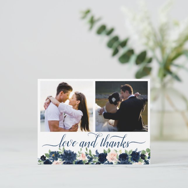 Cartão Postal Chic Blooms | Marinho e Blush 2 Foto Obrigado (Em pé/Frente)