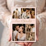 Cartão Postal Chic Blush Love e Obrigados Casamento Obrigado<br><div class="desc">Colagem Fotográfica Elegante, Minimalista Dourada e Rosa Esbranquiçada Casamento 5 Obrigado Cartão-Postal. Cartões de agradecimentos de casamento moderno com cinco (5) fotos na frente e uma (1) foto no verso. Com o texto "Amor e obrigados" em uma letra de escrita tipográfica escrita, escrita à mão, robusta, em ouro, sobre cor...</div>