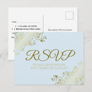 Cartão Postal Chic Dourado Frills em Pó Blue Wedding RSVP