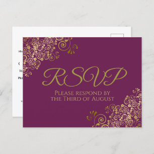 Cartão Postal Chic Dourado Frils no Cassis Purple Weding RSVP