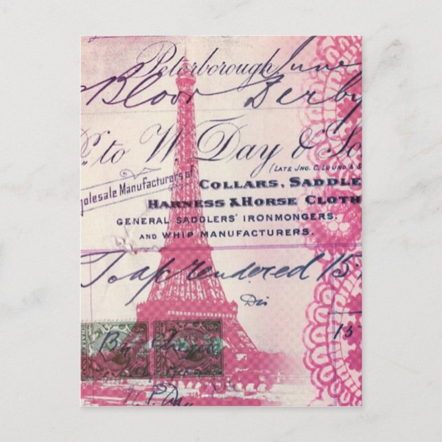 Cartão Postal chic french scripts lace pink paris eiffel torre (Frente)