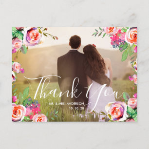 Cartão Postal Chic Hand Lettered Photo Floral Weding Obrigado