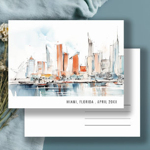 Cartão Postal Chic Miami Flórida Horizonte Aquarela Viagem