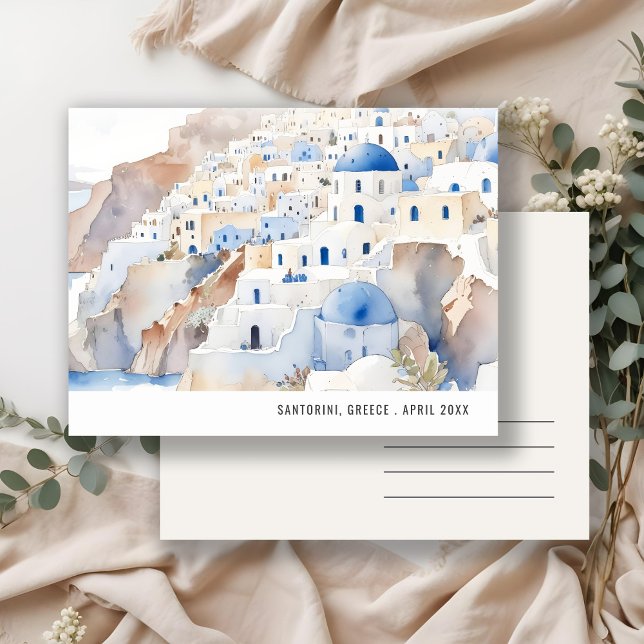Cartão Postal Chic Mínimo Santorini Grécia Aquarela Viagem (Criador carregado)