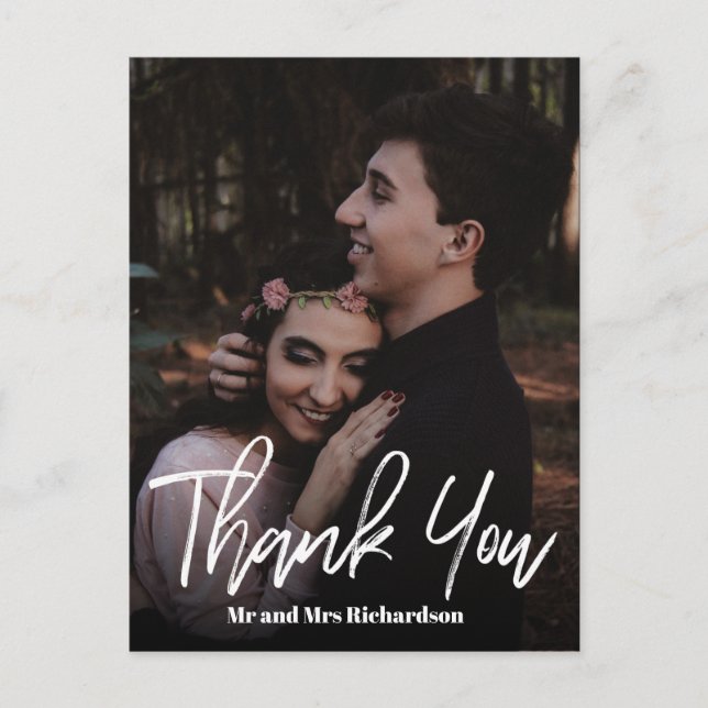 Cartão Postal Chic ModernHand Lettered Wedding OBRIGADO branco (Frente)