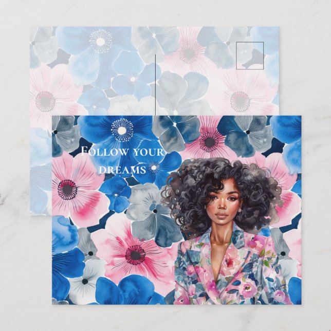 Cartão Postal Chic Pink Blue Summer Floral Black Girl (Frente/Verso)