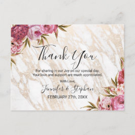 Cartão Postal Chic Pink Floral Dourado Marble Obrigado