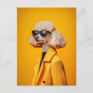 Cartão Postal Chic Poodle em óculos escuros e Casaco amarelo