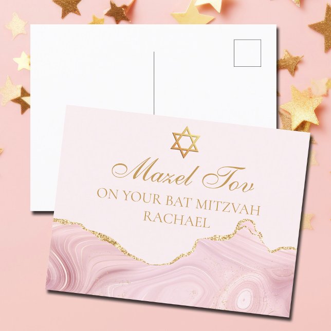Cartão Postal Chic Rosa Dourado Bate Mitzvah Mazel Tov (Criador carregado)