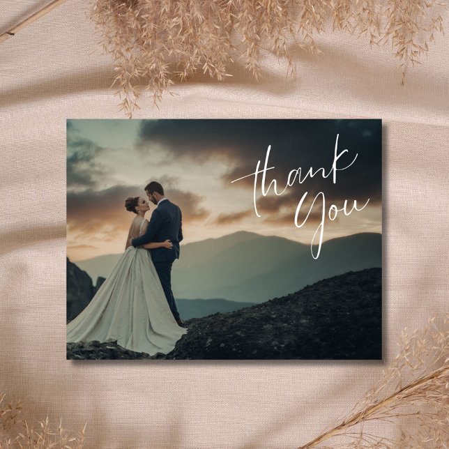 Cartão Postal Chic Script Foto Casamento Obrigado (Chic Script Photo Wedding Thank You Postcard )