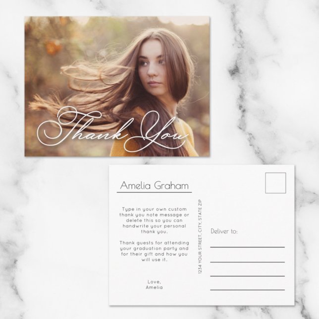 Cartão Postal Chic Script Foto Graduação Obrigado (Criador carregado)