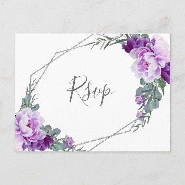 Cartão Postal Chic Silver Purple Floral Eucalyptus Weding RSVP (Frente)