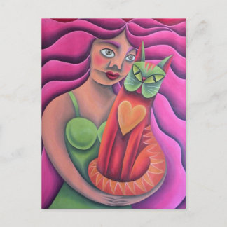 Cartão Postal Chica y su gato verde pintura arte