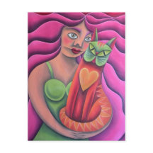 Chica y su gato verde pintura arte