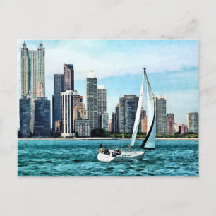 Cartão Postal Chicago IL - Navio de vela contra Chicago Skyline