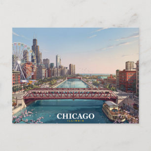 Cartão Postal Chicago Illinois   Chicago River Skyline Lembrança