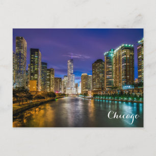 Cartão Postal Chicago Illinois River Skyline na Night Photo