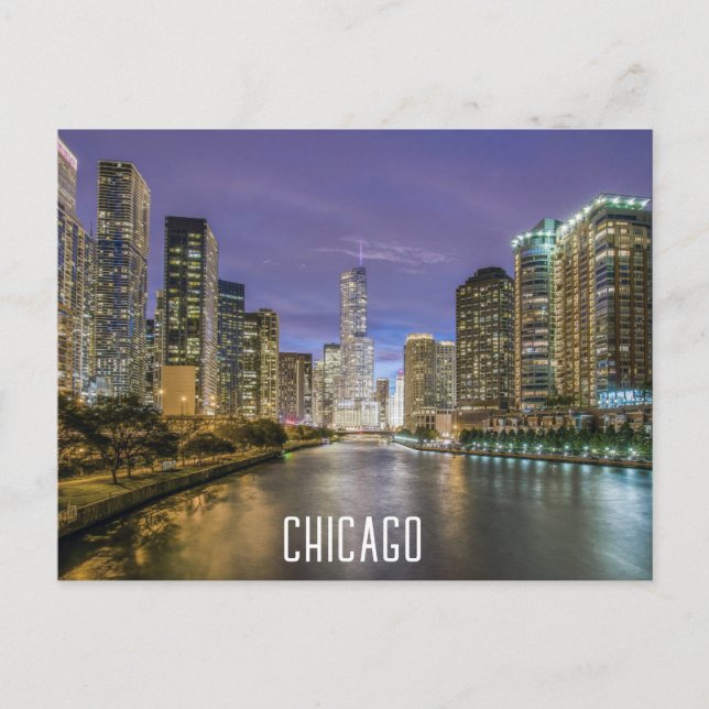 Cartão Postal Chicago Illinois River Skyline na Night Viagem (Frente)