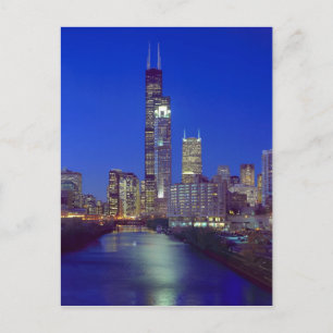 Cartão Postal Chicago, Illinois, Skyline à noite com Chicago