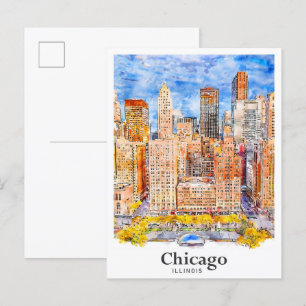 Cartão Postal Chicago Illinois Viagem Watercolor Hand Drawn