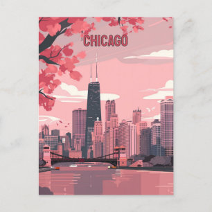 Cartão Postal Chicago Skyline com Primavera Blossoms