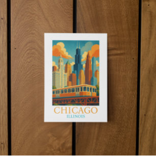 Cartão Postal Chicago Skyline Vintage Art - Viagem do Illinois