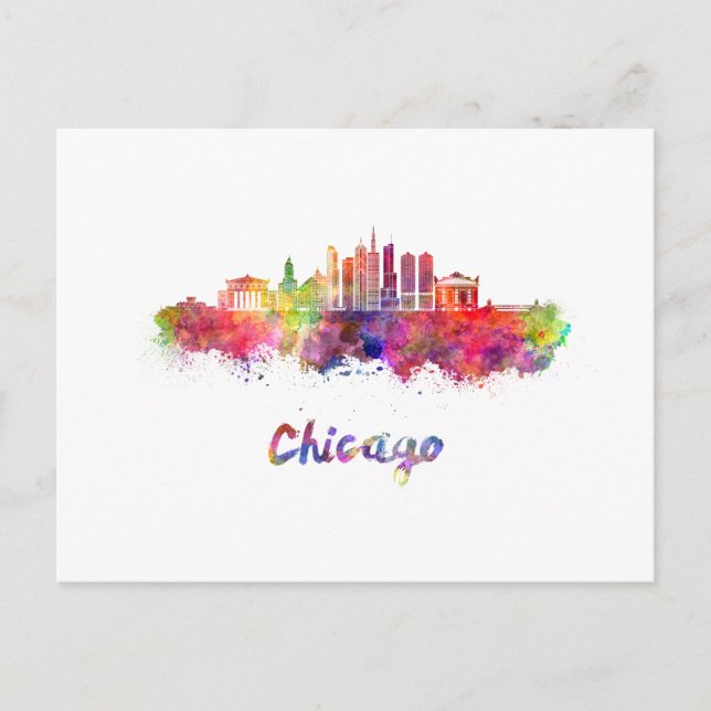 Cartão Postal Chicago V2 skyline in watercolor (Frente)
