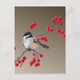 Cartão Postal CHICKADEE & RED BERRIES por SHARON SHARPE